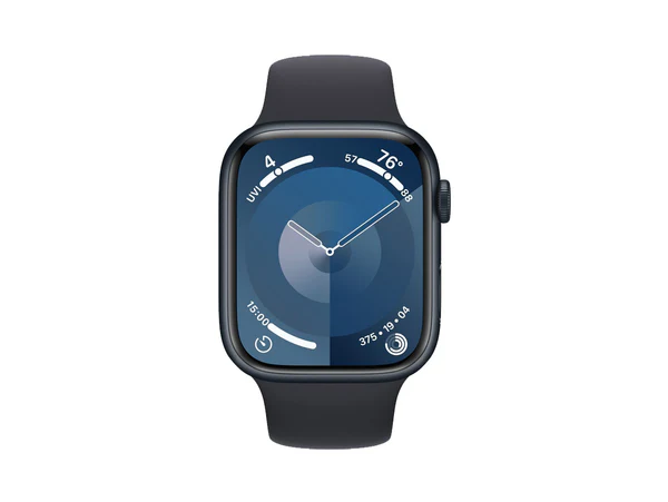 أبل ساعة سيريز 9 مزودة بنظام تحديد المواقع + هيكل من الألومنيوم ميدنايت مقاس 45 ملم مزود بشبكة خلوية وحزام رياضي ميدنايت - ميديم/لارج